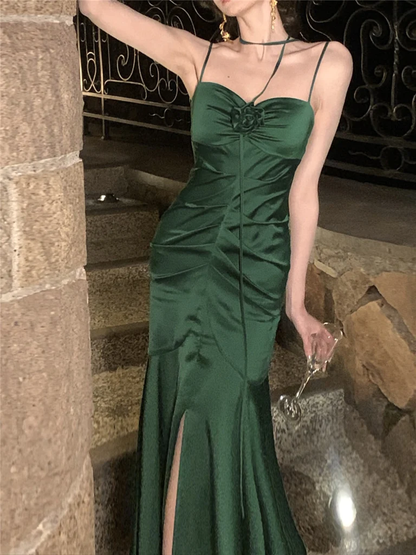 Elegantes Meerjungfrau-Abendkleid aus Satin in Olivgrün mit Trägern, Ballkleid, P1132