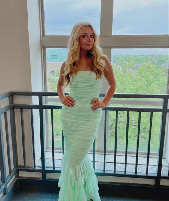 Mermaid Strapless Mint Green Tulle Prom Dress Women Party Dresses P115
