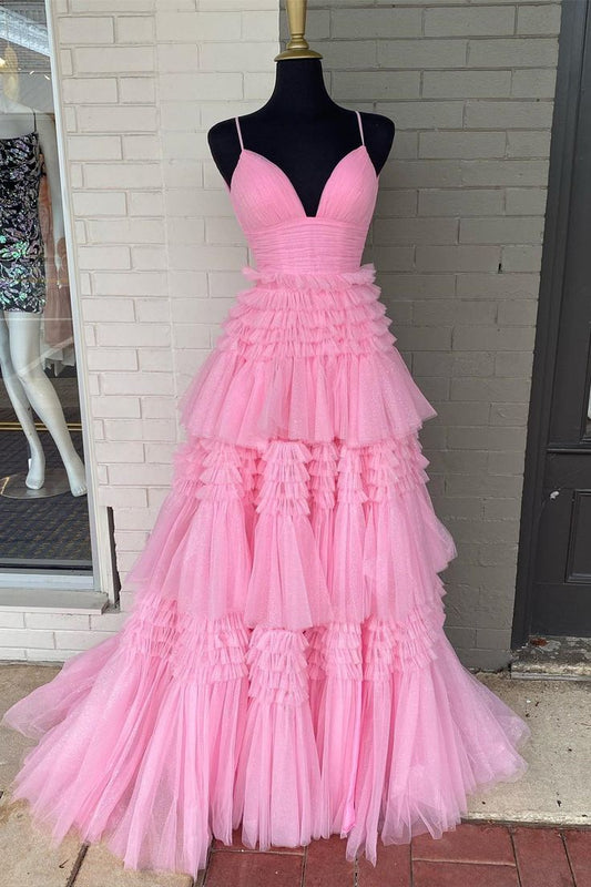Princess Pink Tiered Layers Tulle Long Prom Dresses P1153