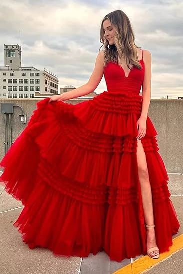 Prinzessin Rosa Gestufte Tüll Langes Ballkleid P1153