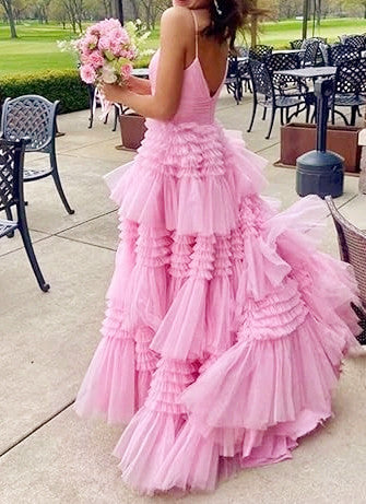 Prinzessin Rosa Gestufte Tüll Langes Ballkleid P1153