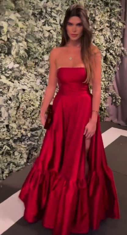 Robe de bal bustier longue rouge sans manches avec fente en A P1154