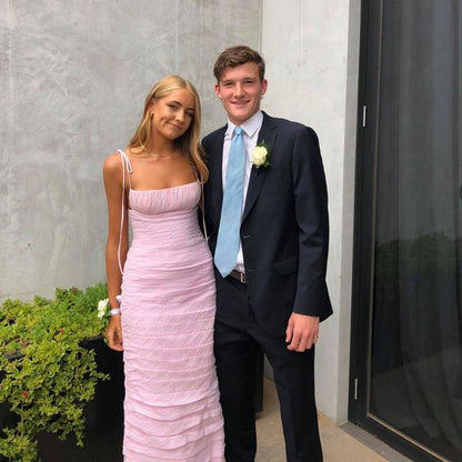 Einfaches Meerjungfrau Spaghetti-Träger Bodenlanges Ärmelloses Rosa Ballkleid P1162