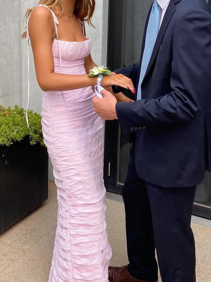 Einfaches Meerjungfrau Spaghetti-Träger Bodenlanges Ärmelloses Rosa Ballkleid P1162