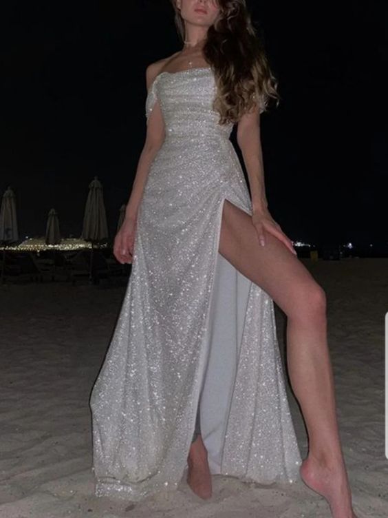 Simple Mermaid Strapless Floor Length Sleeveless Sequin Prom Dress P1166