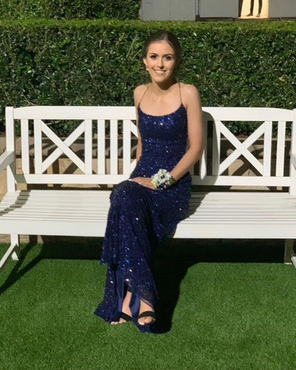 chinese dress ladies Navy Blue V-Neck Spaghetti Straps Sequins Mermaid Long Prom Dress with –  Modsele main image 0