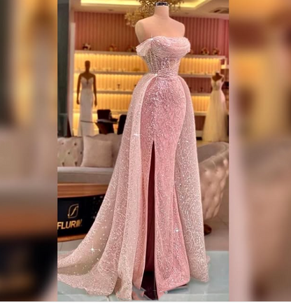 Luxuriöses Meerjungfrauen-Abendkleid P1173 in Pink, bodenlang, ärmellos, mit Pailletten