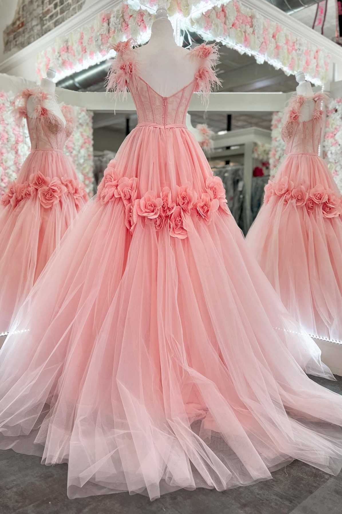 Pink Feather Lace Sweetheart Ball Gown Prom Dress with 3D Floral Lace PreppyDress Pink Feather Lace Sweetheart Ball Gown Prom Dress with 3D Floral Lace PreppyDress