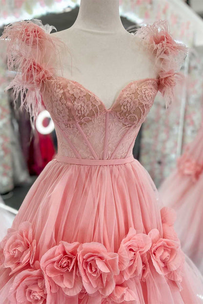 Pinkes Feder-Spitze-Sweetheart-Ballkleid Abschlussballkleid mit 3D-Blütenspitze P1177