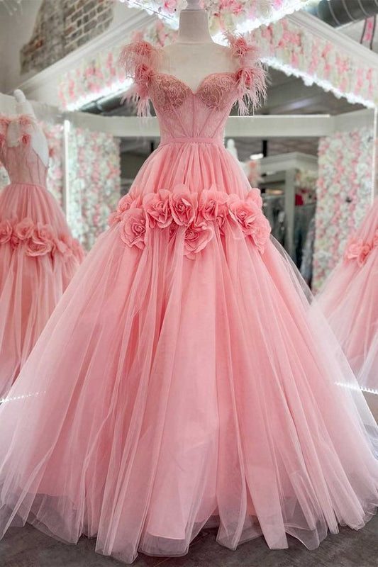 Pink Feather Lace Sweetheart Ball Gown Prom Dress with 3D Floral Lace P1177