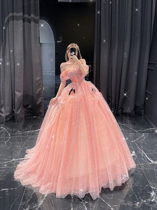 Ball Gown Off The Shoulder Floor Length Sleeveless Pink Prom Dress P1180
