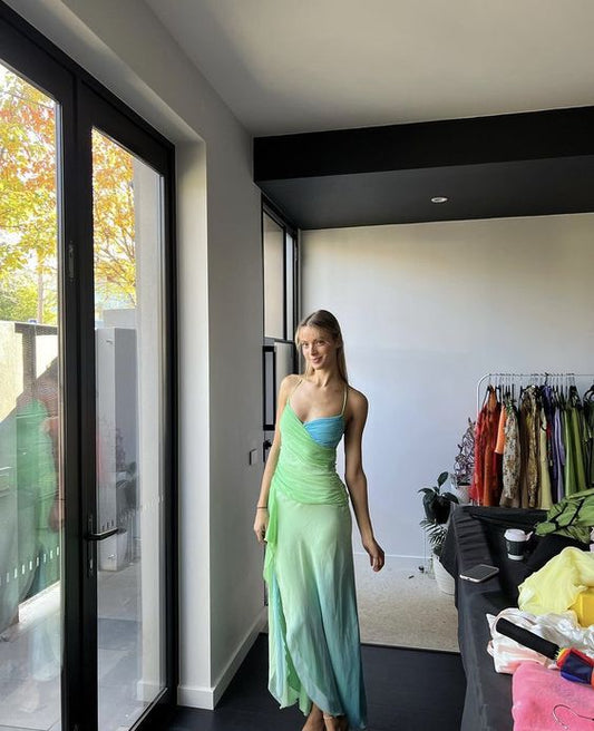 Vintage Mermaid Straps Ombre Green Floor Length Sleeveless Prom Dress P1189