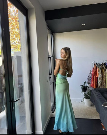 Robe de bal sirène vintage longue sans manches avec bretelles et dégradé vert P1189