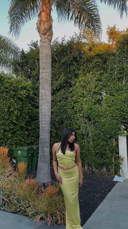 Robe de bal sirène vintage 2 pièces jaune longue sans manches P1191