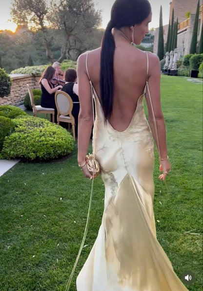 Robe de bal sirène vintage jaune longue sans manches dos nu P1192