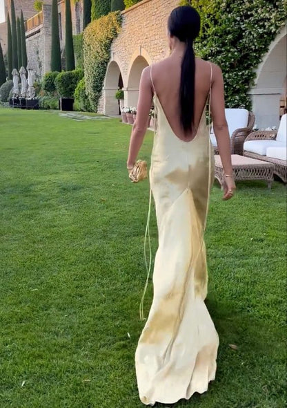 Vintage Mermaid Yellow Floor Length Sleeveless Backless Prom Dress P1192 -  AS PHOTO / US2
