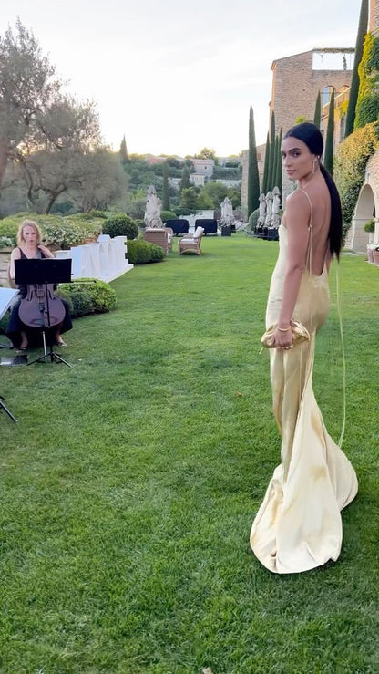 Robe de bal sirène vintage jaune longue sans manches dos nu P1192