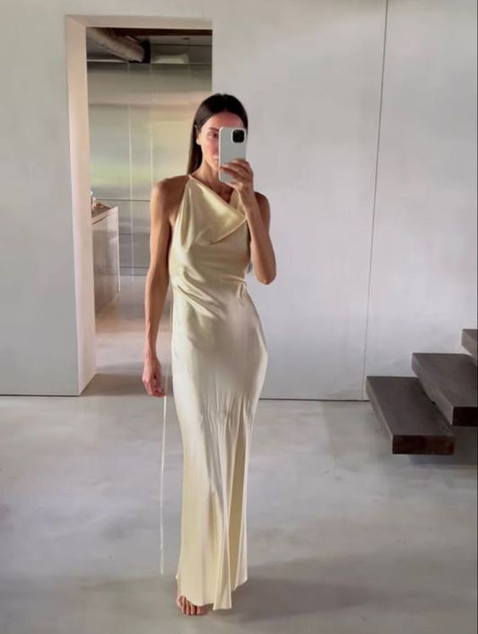 Vintage Mermaid Yellow Floor Length Sleeveless Prom Dress P1193