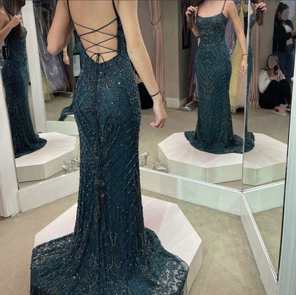 Robe de Bal Longue Sirène Vintage Sans Manches Perles Vertes P1194