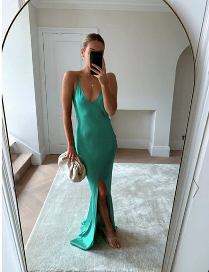 Robe de bal sirène vintage longue sans manches fendue verte P1196