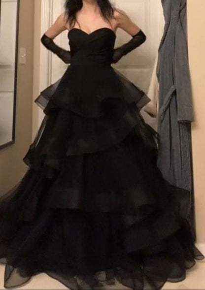 Vintage Ballkleid Trägerlos Ärmellos Lange Tüll Schwarz Ballkleid P1200