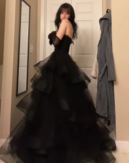 Vintage Ballkleid Trägerlos Ärmellos Lange Tüll Schwarz Ballkleid P1200
