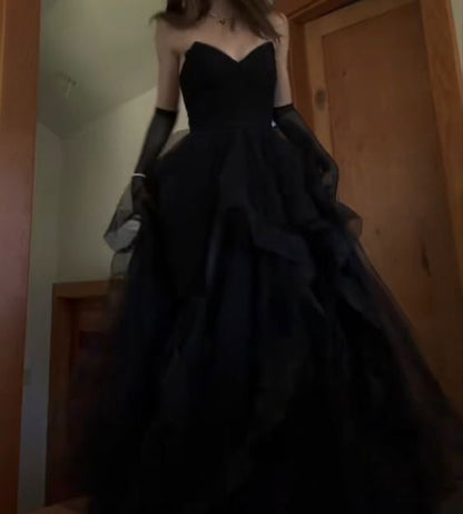 Vintage Ballkleid Trägerlos Ärmellos Lange Tüll Schwarz Ballkleid P1200