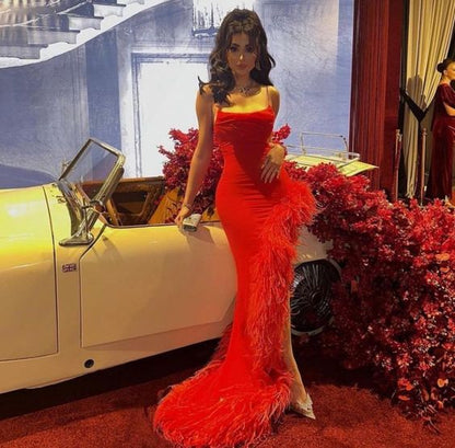 Sexy Mermaid Straps Sleeveless Long Red Prom Dress With Feather P1204
