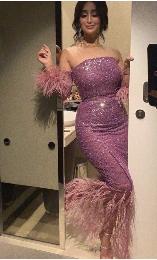 Sexy Mermaid Strapless Sequin Lilac Prom Dress With Feather P1205