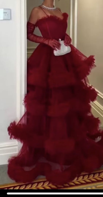 Sexy Ballkleid Lange Träger Rot Tüll Ballkleider P1208