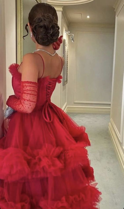 Sexy Ballkleid Lange Träger Rot Tüll Ballkleider P1208