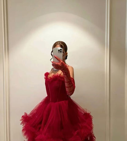 Sexy Ballkleid Lange Träger Rot Tüll Ballkleider P1208