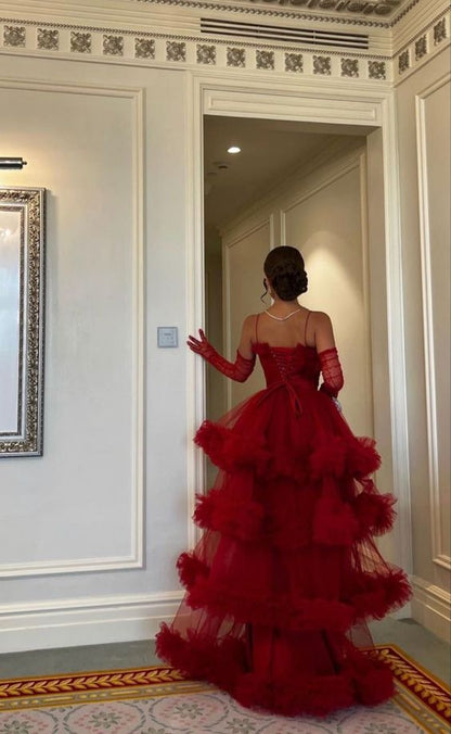 Sexy Ballkleid Lange Träger Rot Tüll Ballkleider P1208