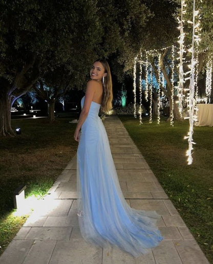 Sexy A Line Long Strapless Light Blue Slit Prom Dresses P1211