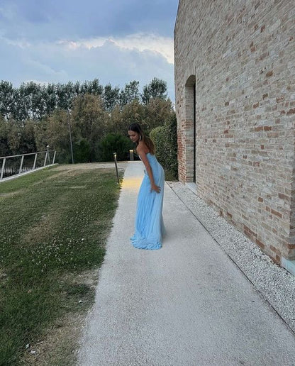 Sexy A Line Long Strapless Light Blue Slit Prom Dresses P1211