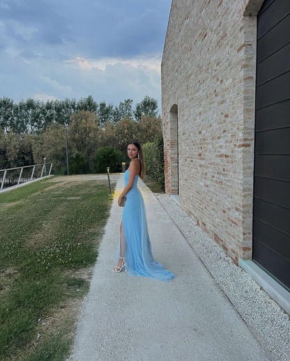 Sexy A Line Long Strapless Light Blue Slit Prom Dresses P1211