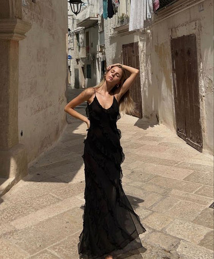 Sexy Etuikleid Lange Träger Schwarzer Chiffon Ballkleider P1213
