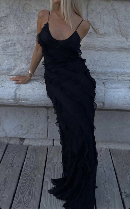 Sexy Etuikleid Lange Träger Schwarzer Chiffon Ballkleider P1213