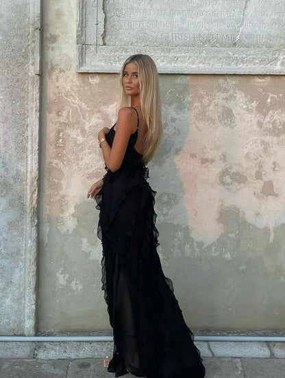 Sexy Etuikleid Lange Träger Schwarzer Chiffon Ballkleider P1213