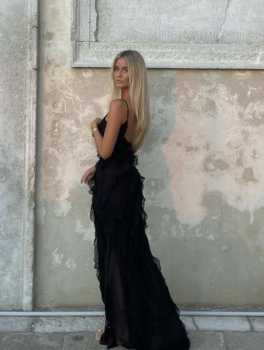 Sexy Sheath Long Straps Black Chiffon Prom Dresses P1213