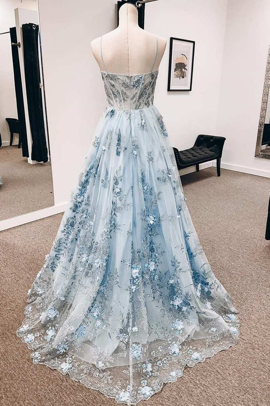 Vintage Blue 3D Floral Lace Sweetheart A-Line Long Prom Dress P1215