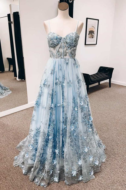 Robe de bal longue évasée cœur en dentelle florale 3D bleu vintage P1215