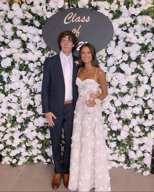 Modest A Line Straps White Floral Lace Prom Dresses P1223