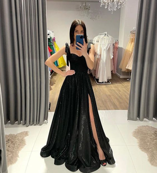 Modest A line Straps Black Sequin Prom Dresses P1229