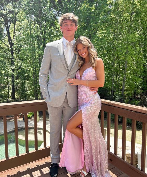 Modest Mermaid Long Sequin Pink Slit Prom Dresses P1243