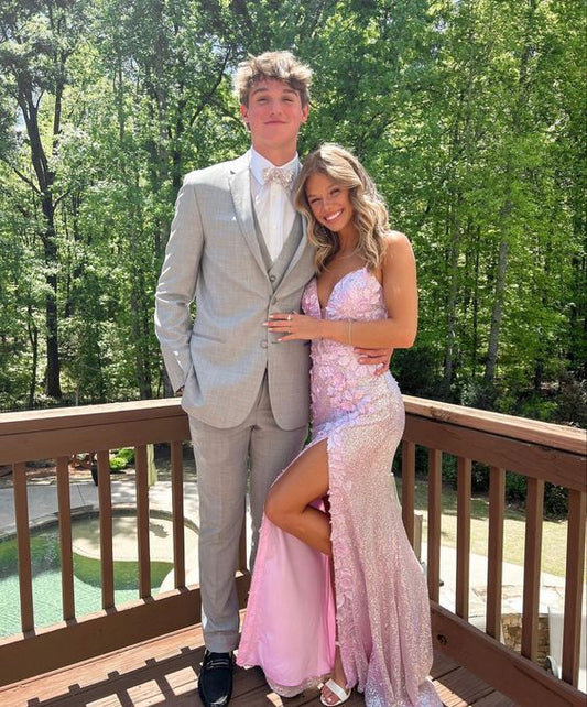 Modest Mermaid Long Sequin Pink Slit Prom Dresses P1243