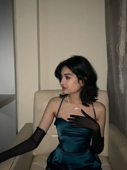 Einfaches A-Linien-Träger-Abendkleid mit langem Schlitz in Petrol P1250