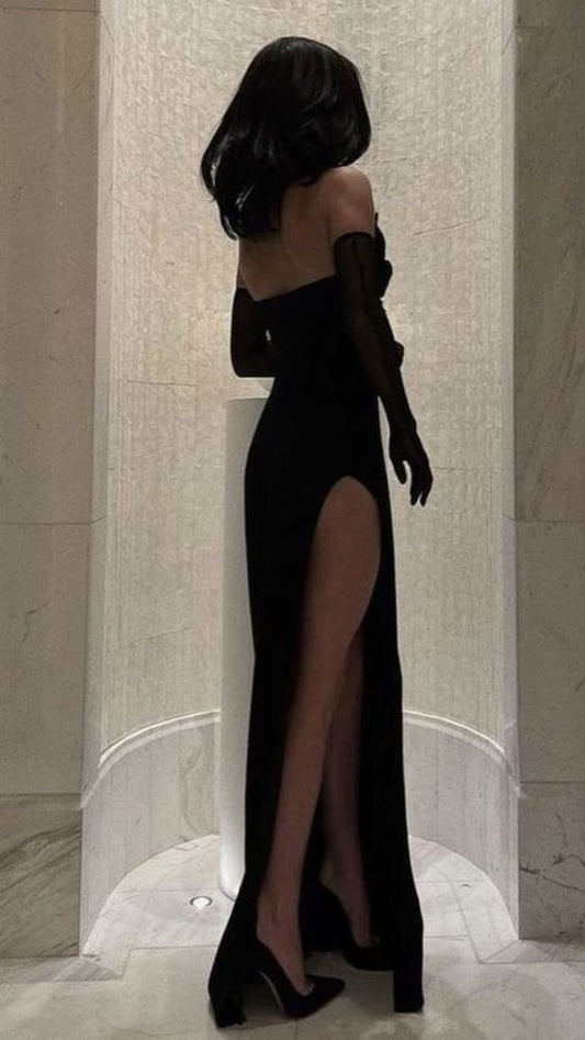 Simple Sheath Strapless Long Slit Black Prom Dresses P1252