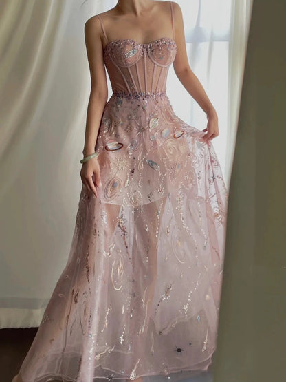 Feenhaftes A-Linien-Träger-Abendkleid aus rosa Spitze P1260