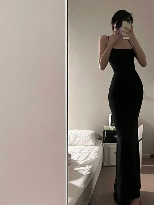 Simple Mermaid Straps Long Slit Black Prom Dresses P1261